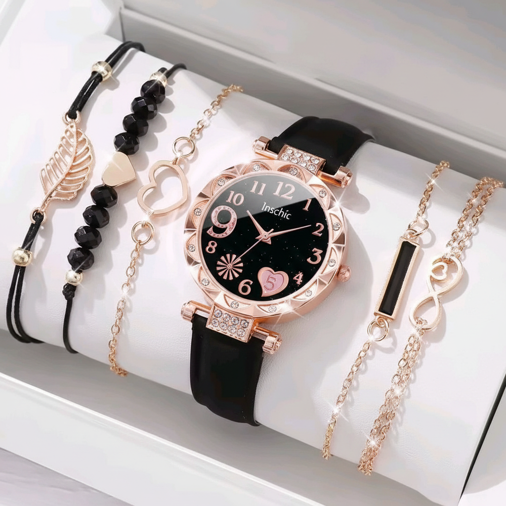 ✨Set de montre avec ses bracelet De fantaisie noir et doré ✨
