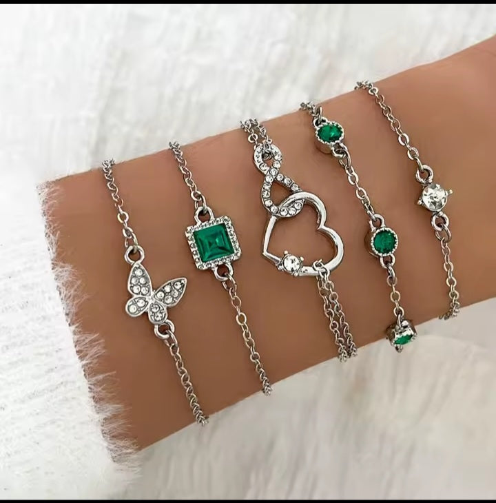 Ensemble bracelet couleur émeraude vert ́avec strass