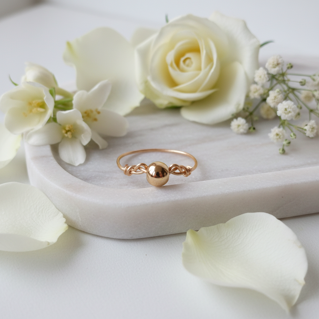 Bague boule dorée sur plateau