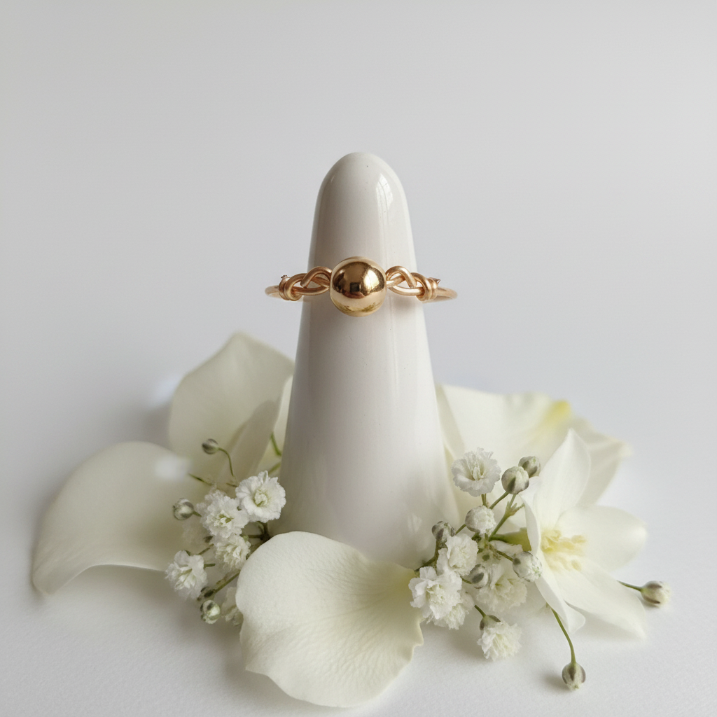 Bague boule dorée sur présentoir