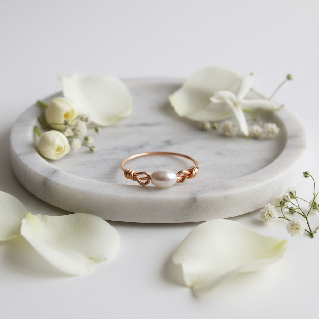 Bague perle blanche sur plateau