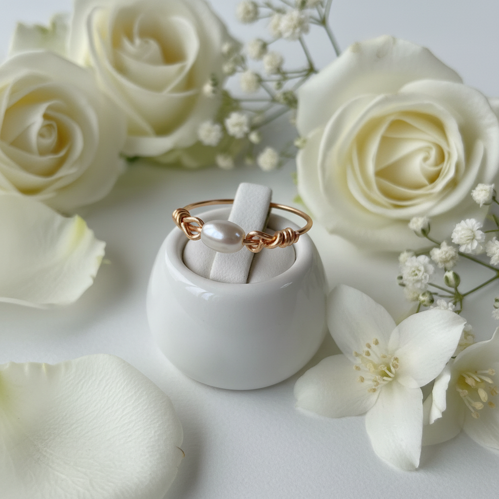 Bague perle blanche sur présentoir