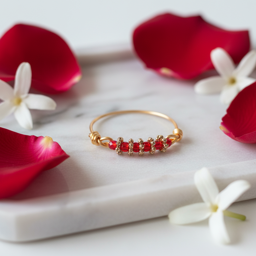 Bague perles rouges sur plateau