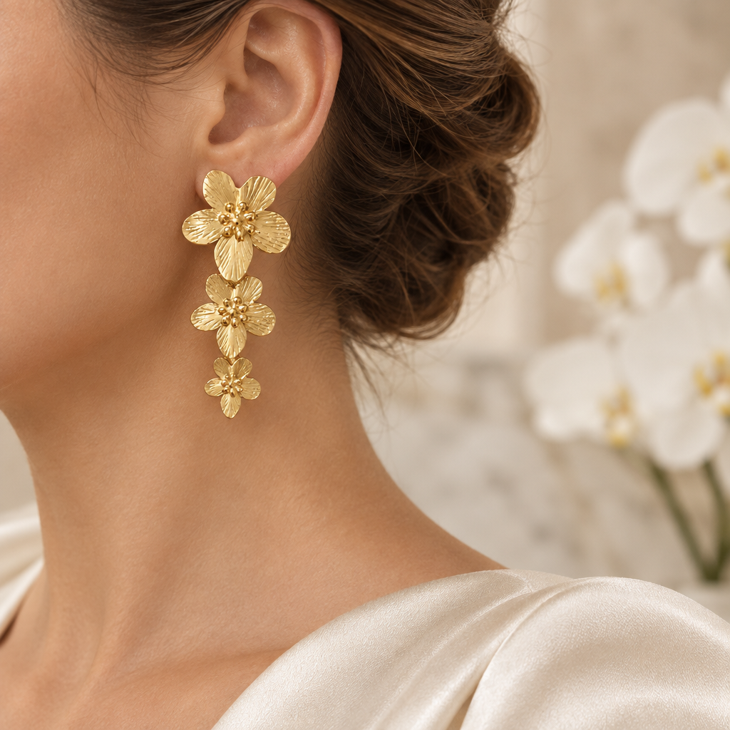 Boucle dorée à trois fleurs portée à l’oreille gauche dans le même décor élégant