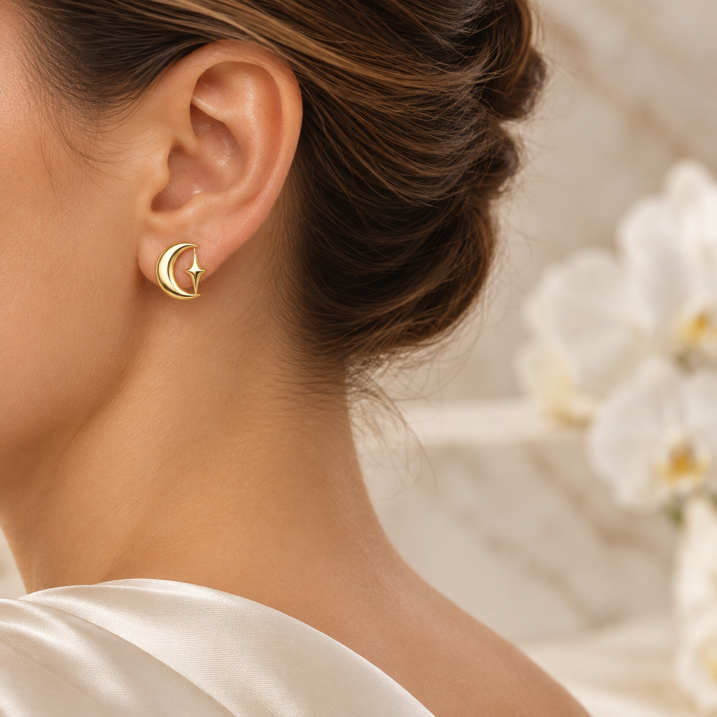 Boucle lune et étoile dorée portée à l’oreille gauche dans le même décor élégant
