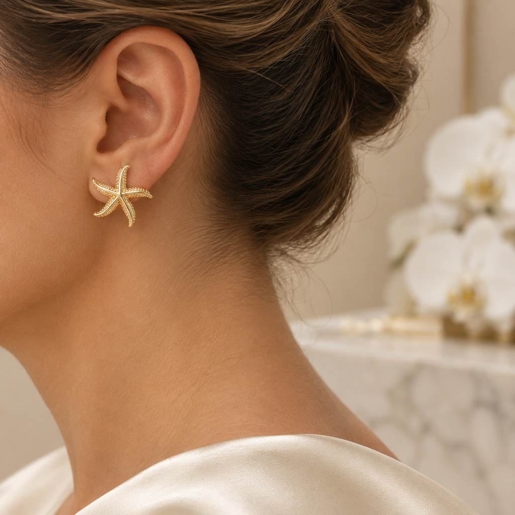 Boucle étoile de mer dorée portée à l’oreille gauche dans le même décor élégant