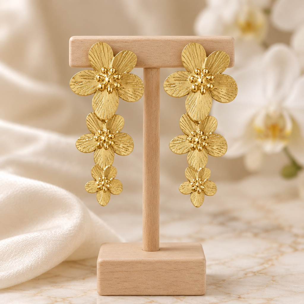 Boucles dorées à trois fleurs sur un présentoir en bois dans un décor chic