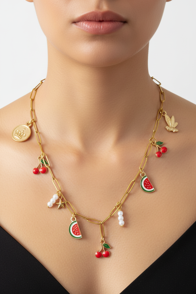 Collier charms fruits été cerises pastèque porté sur cou féminin