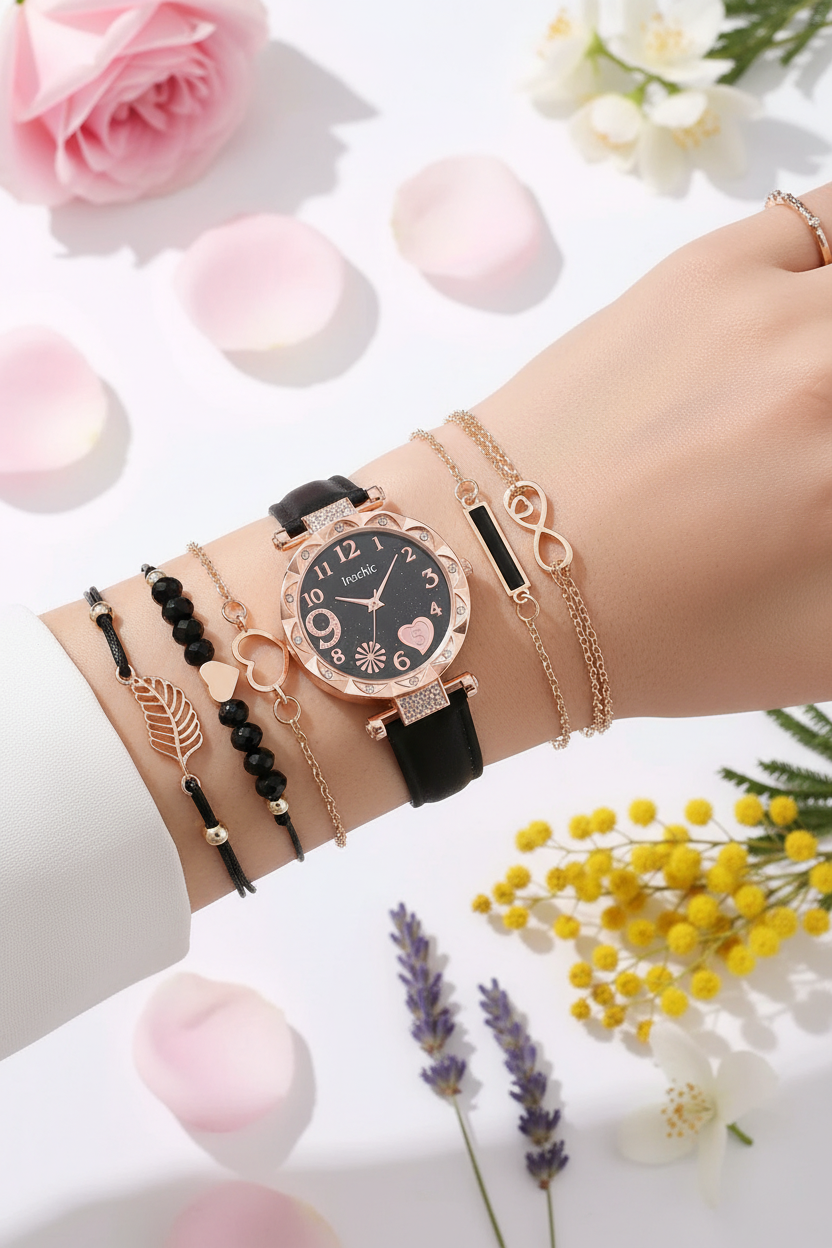 Ensemble montre et bracelets sur poignet