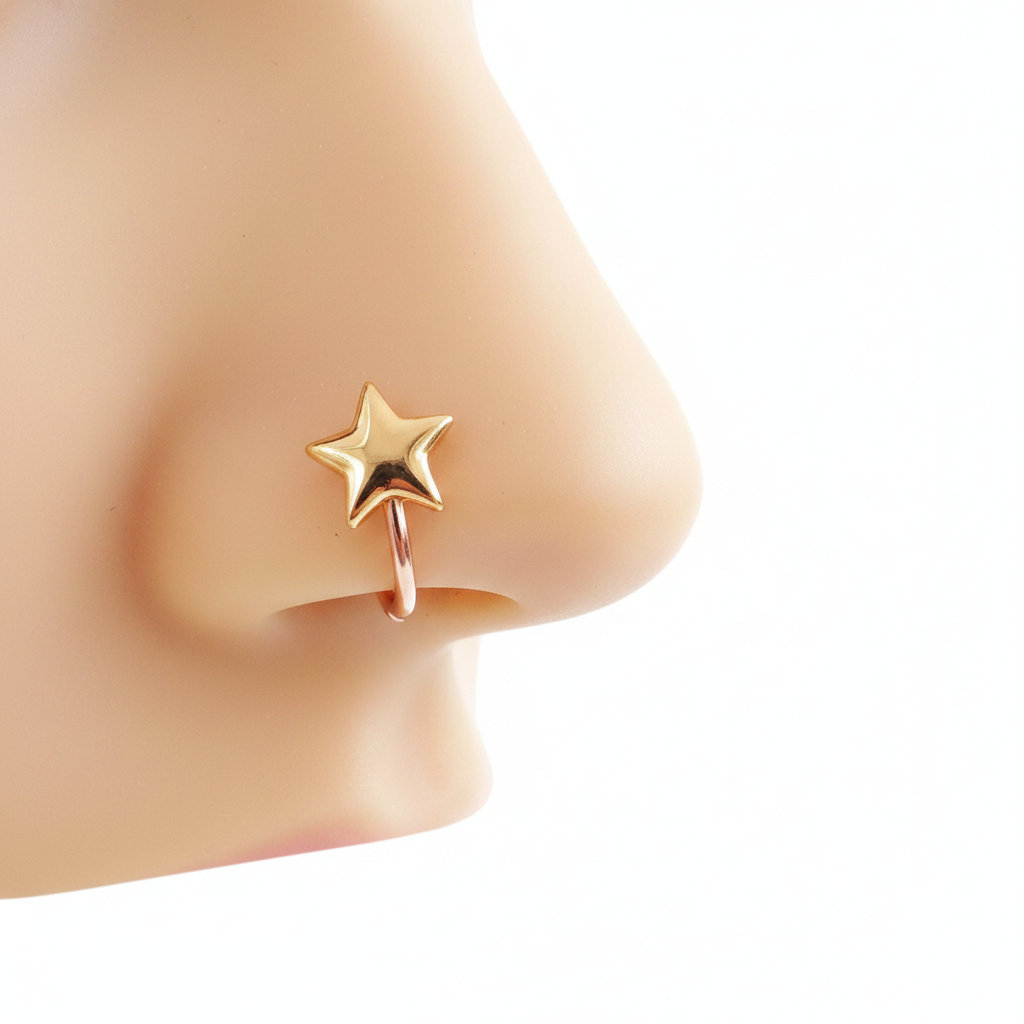 Piercing narine étoile dorée sur nez féminin