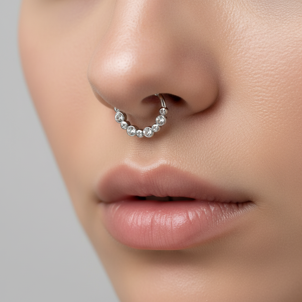 Piercing septum 5 cristaux sur nez féminin