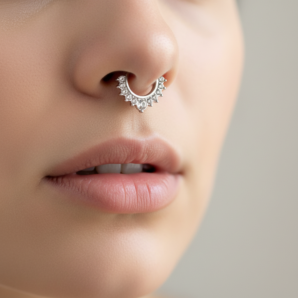 Piercing septum cristaux sur nez féminin