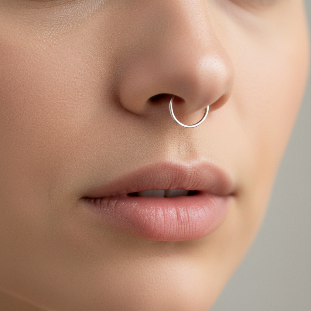 Piercing septum fil argenté minimaliste sur nez féminin